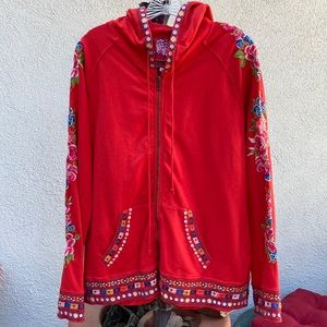 Johnny Was embroidered Red zip hoodie